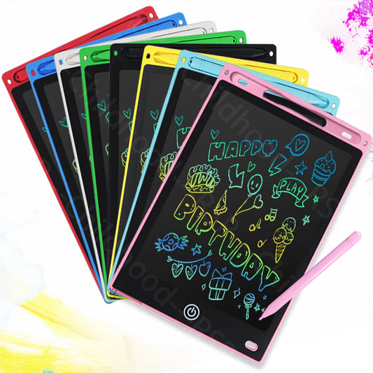 Colorful 8.5-inch LCD digital drawing tablets for kids, including pink, red, blue, green, yellow, and black.