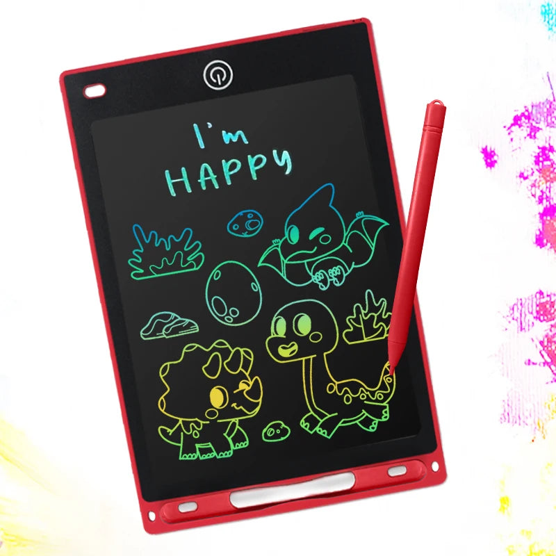 Red 8.5-inch LCD digital drawing tablet for kids with colorful dinosaur doodles and stylus.