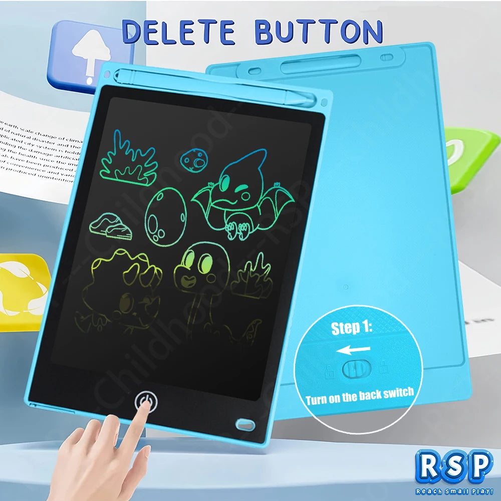 Blue 8.5-inch LCD digital drawing tablet for kids, with stylus, delete button, and back switch.