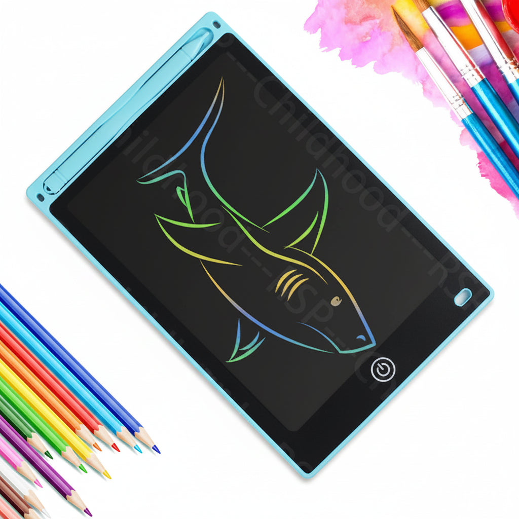 Blue 8.5-inch LCD digital drawing tablet for kids with a colorful shark drawing, stylus, and erase button.