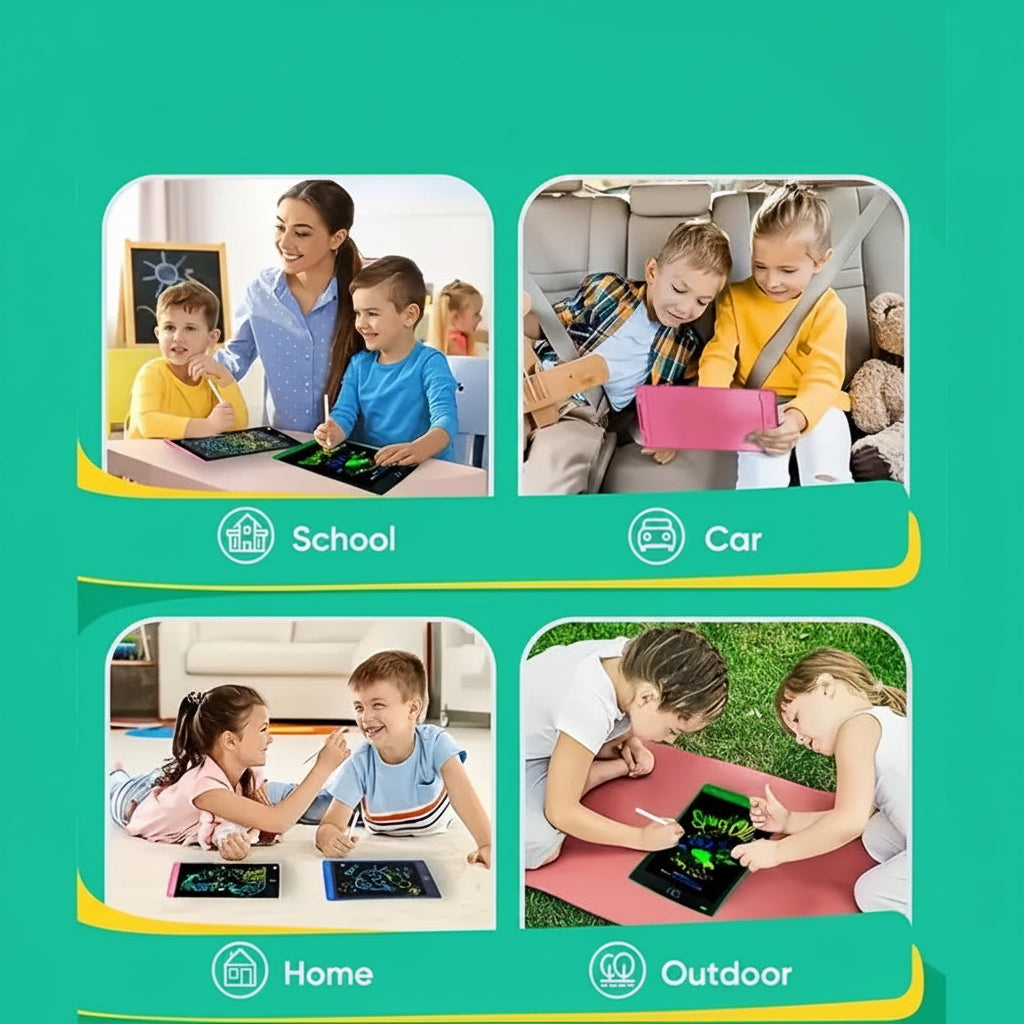 Kids using 8.5-inch black, pink, and blue LCD digital drawing tablets in school, car, home, and outdoors.