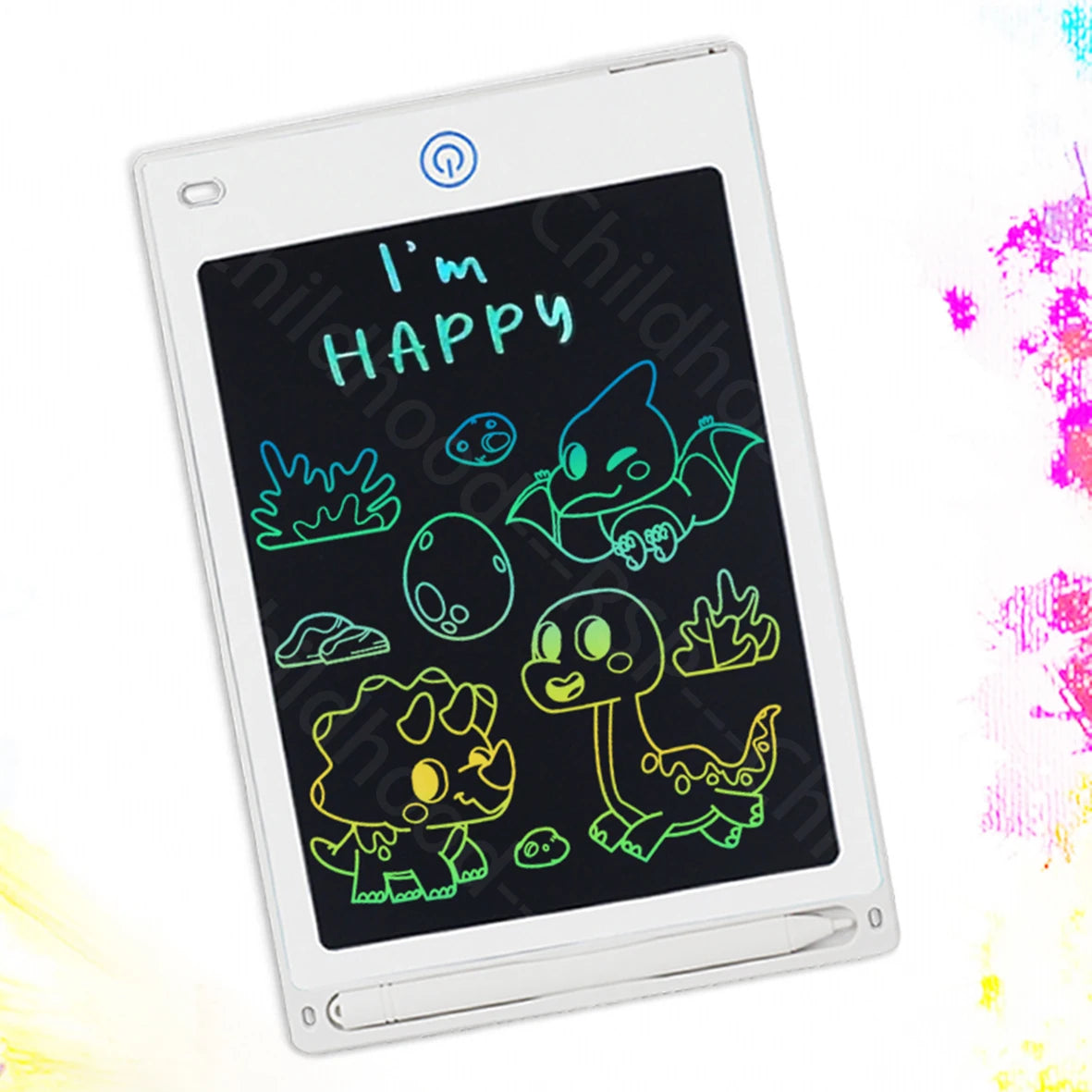 White 8.5-inch LCD digital drawing tablet for kids, displaying colorful dinosaur doodles and "I'm HAPPY".