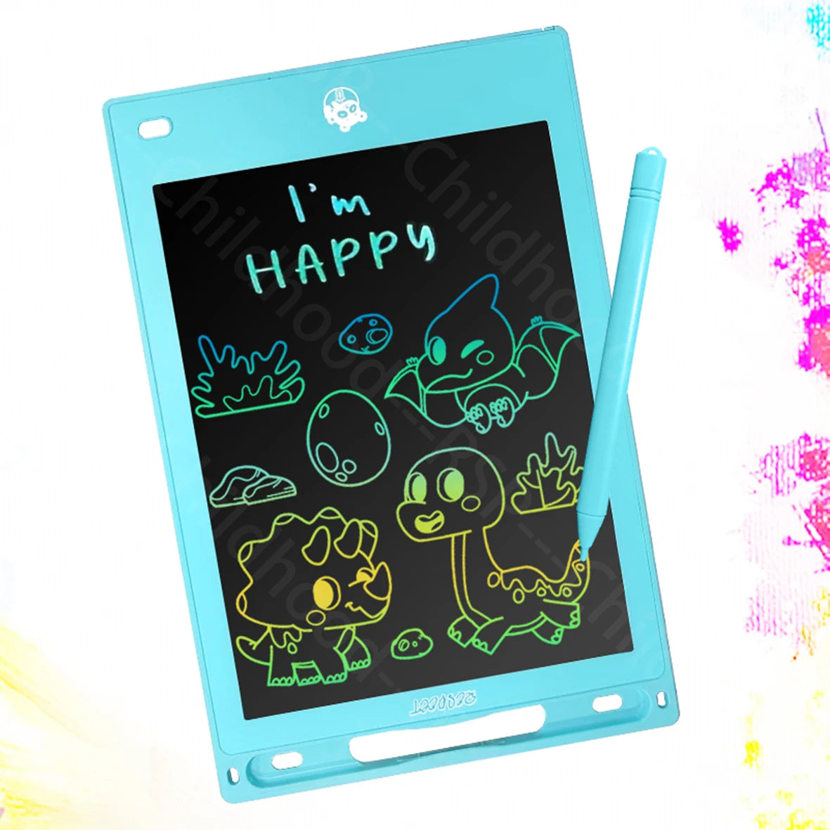 8.5-inch blue LCD digital drawing tablet for kids with colorful dinosaur doodles and stylus.