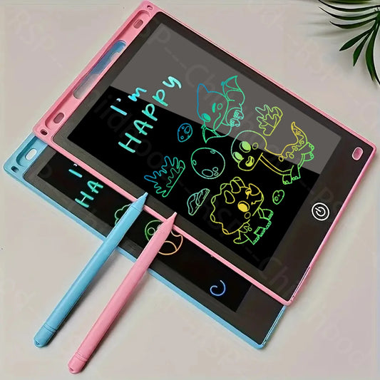 Two 8.5-inch LCD digital drawing tablets, one pink and one blue, with styluses and colorful doodles.