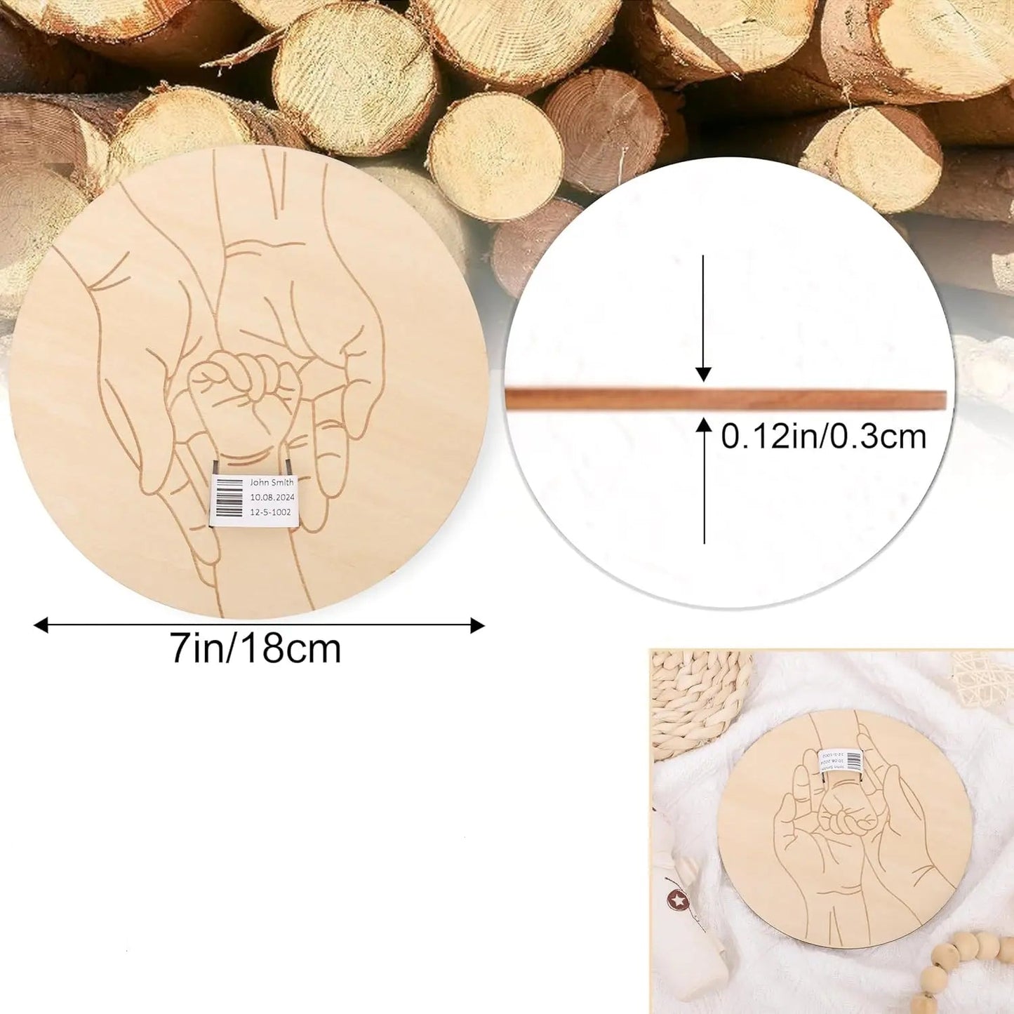 Round wooden birth keepsake plaque with engraved hands, space for a hospital bracelet, and 0.12in thickness.