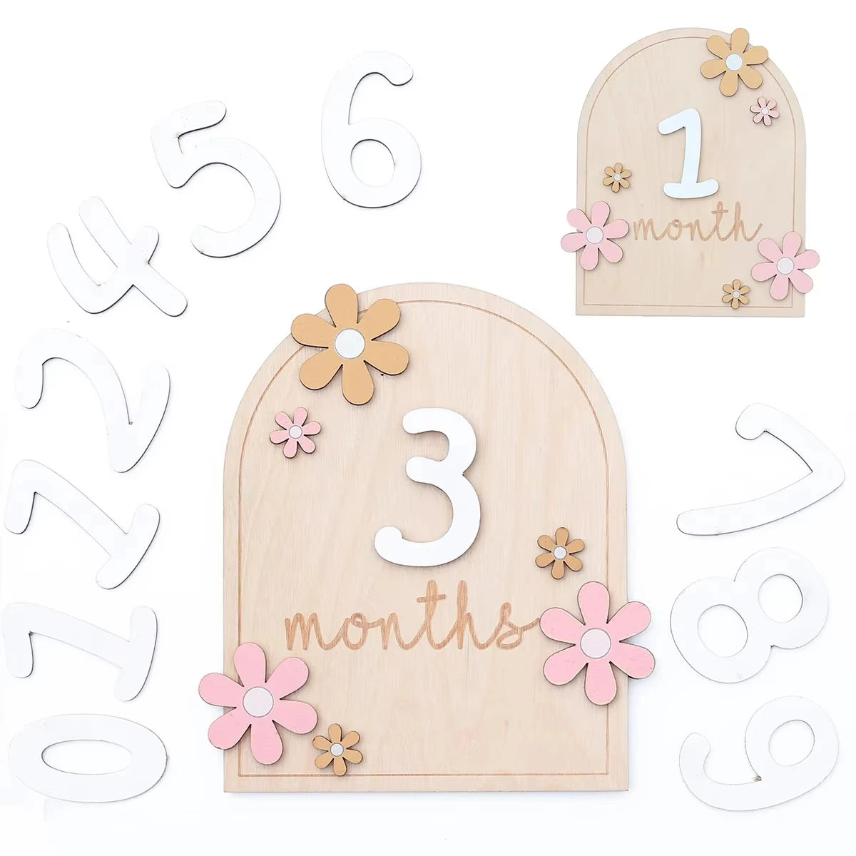 Wooden baby milestone markers with numbers and floral accents for monthly photo props.