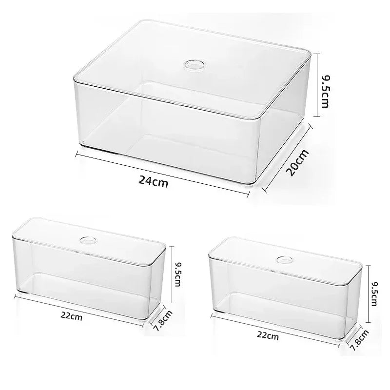 Clear acrylic storage boxes in various sizes with dimensions for drawer organization.