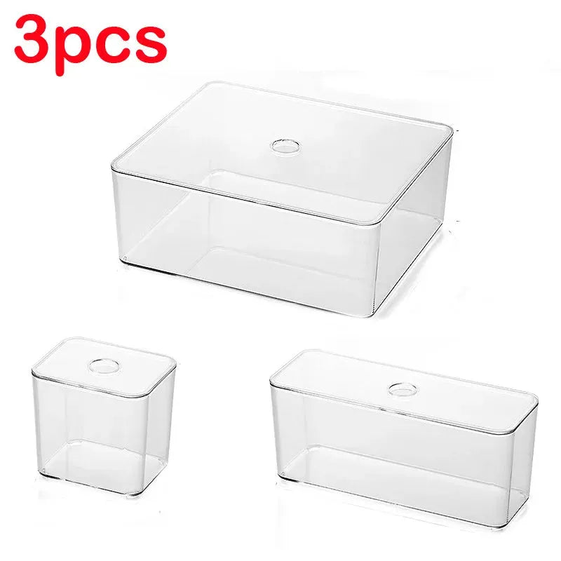 Set of 3 clear acrylic storage boxes: one large rectangular, one small square, and one small rectangular.