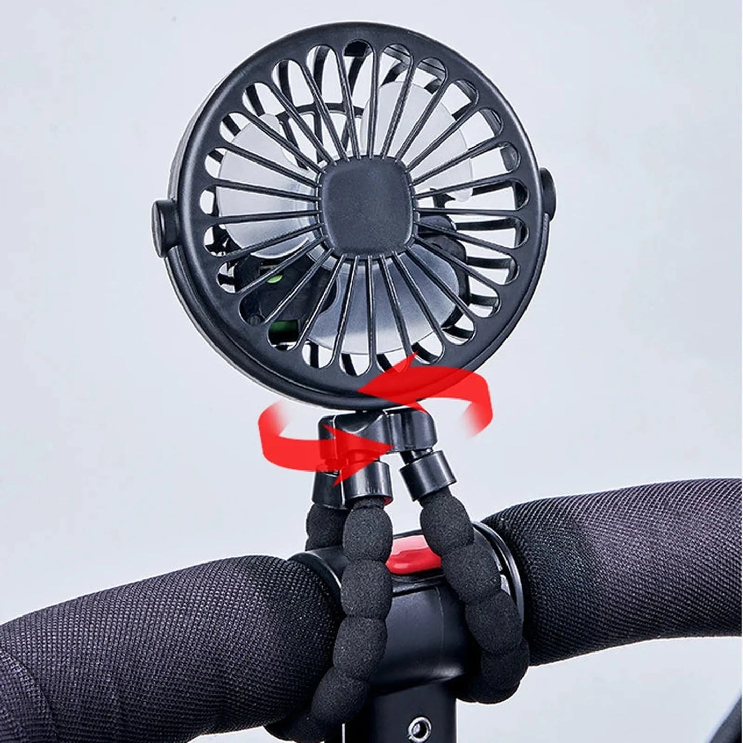 Black portable rechargeable stroller fan with flexible tripod legs and adjustable head.