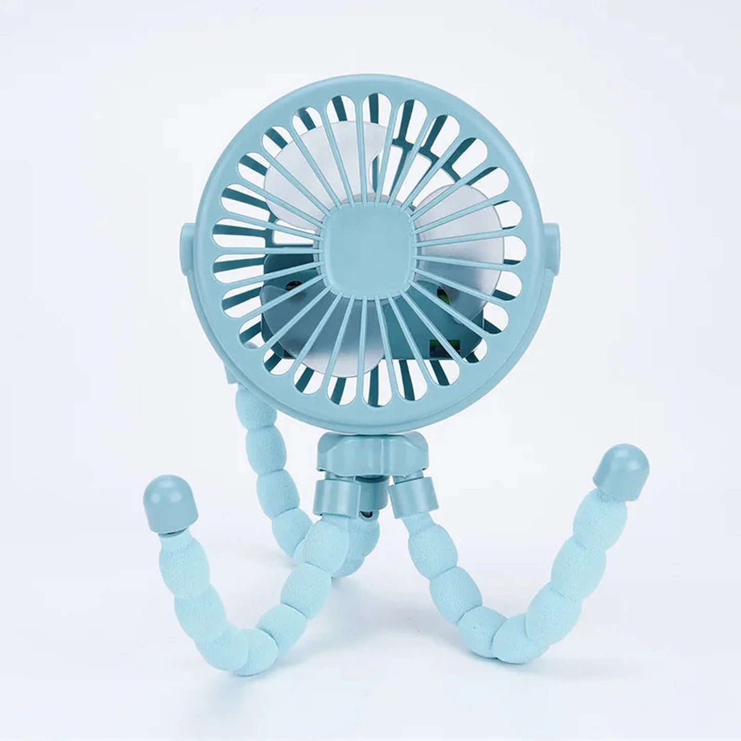 Light blue portable rechargeable stroller fan with flexible tripod legs.