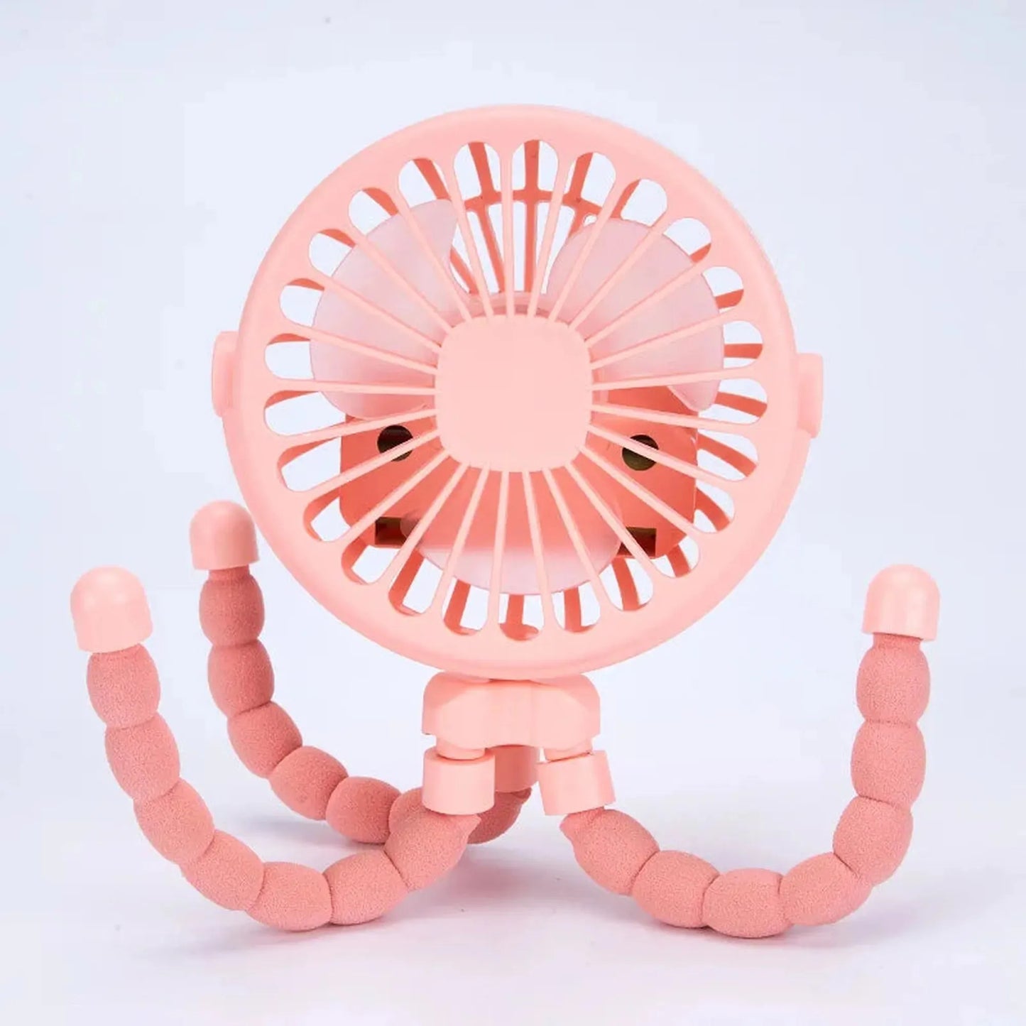 Pink portable rechargeable stroller fan with flexible tripod legs.