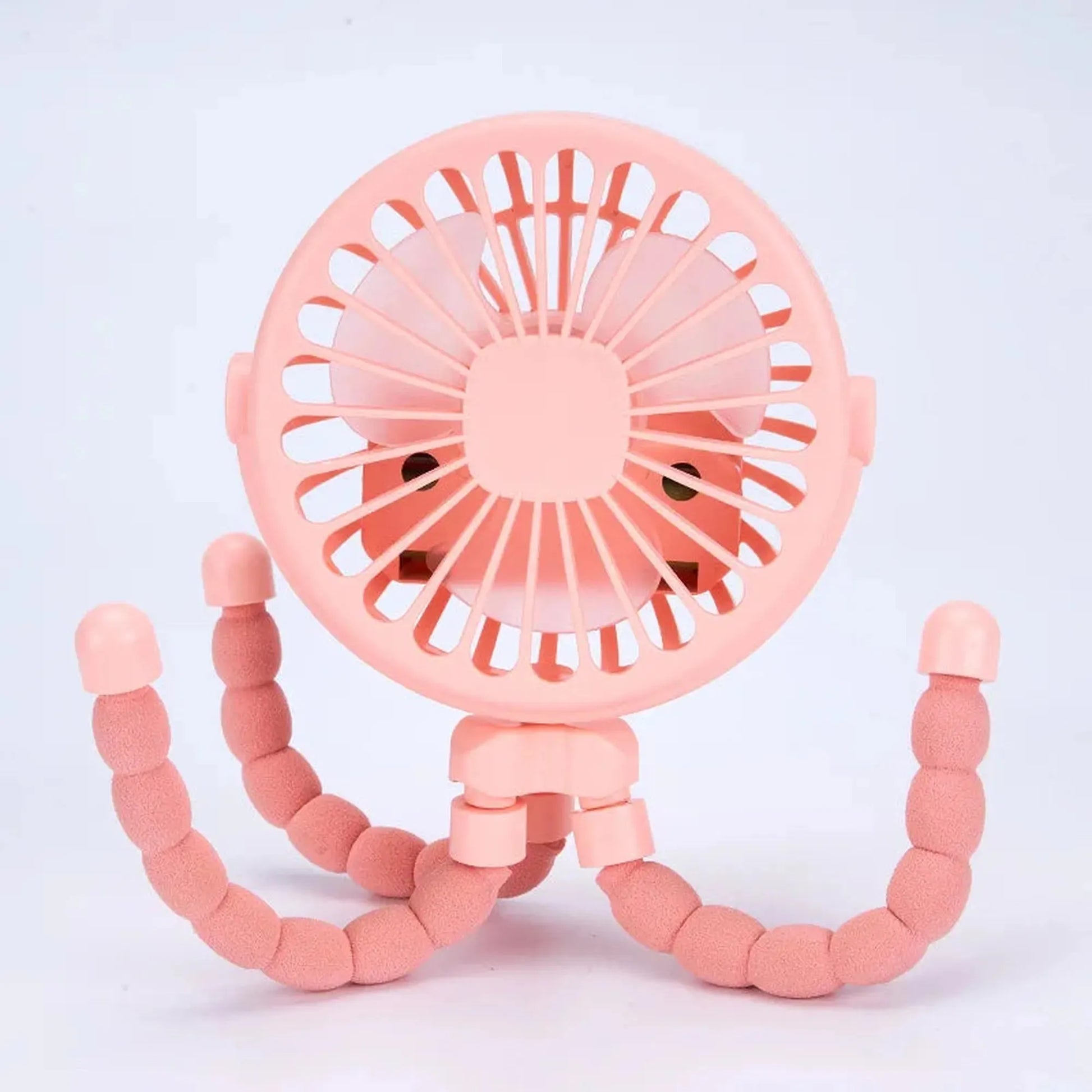 Pink portable rechargeable stroller fan with flexible tripod legs.