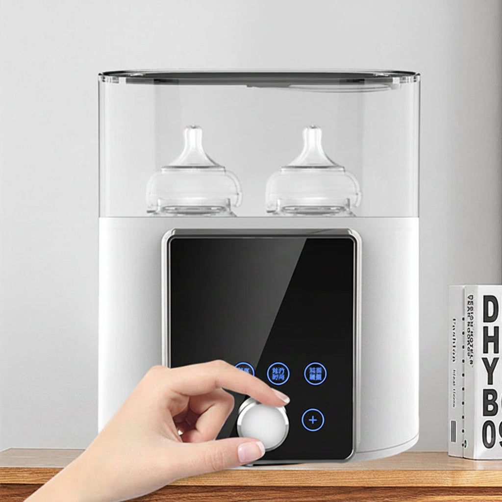 White 8-in-1 electric double bottle warmer and sterilizer with a clear top and digital control panel.