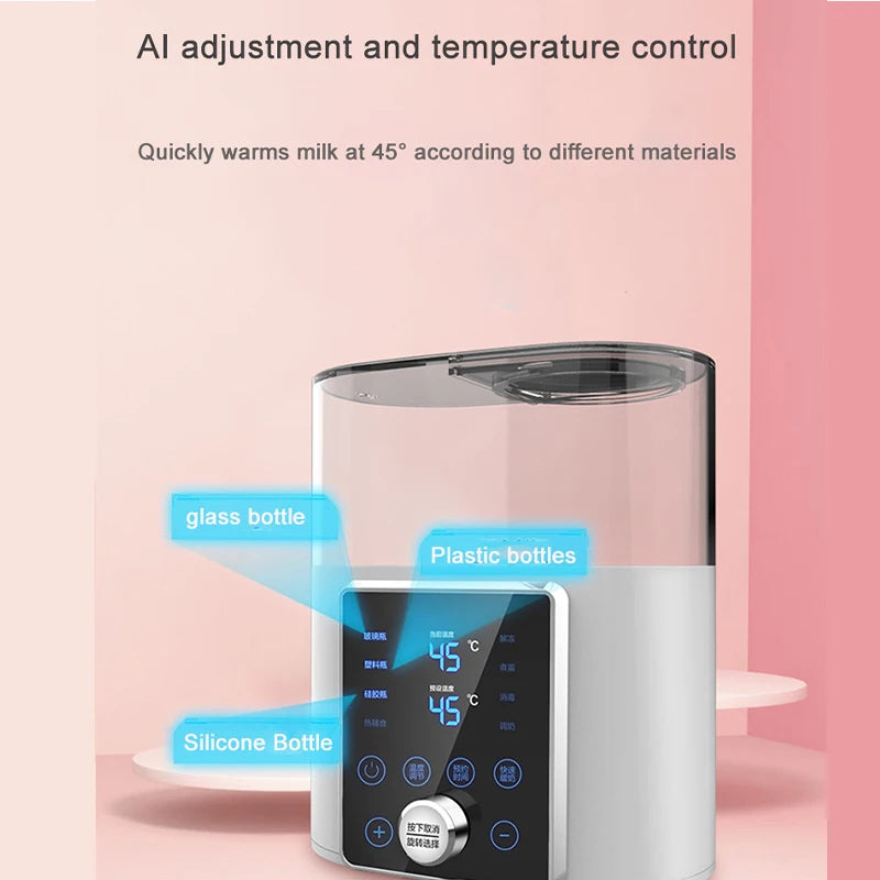 White dual electric bottle warmer with clear lid, digital display, and AI temperature control.