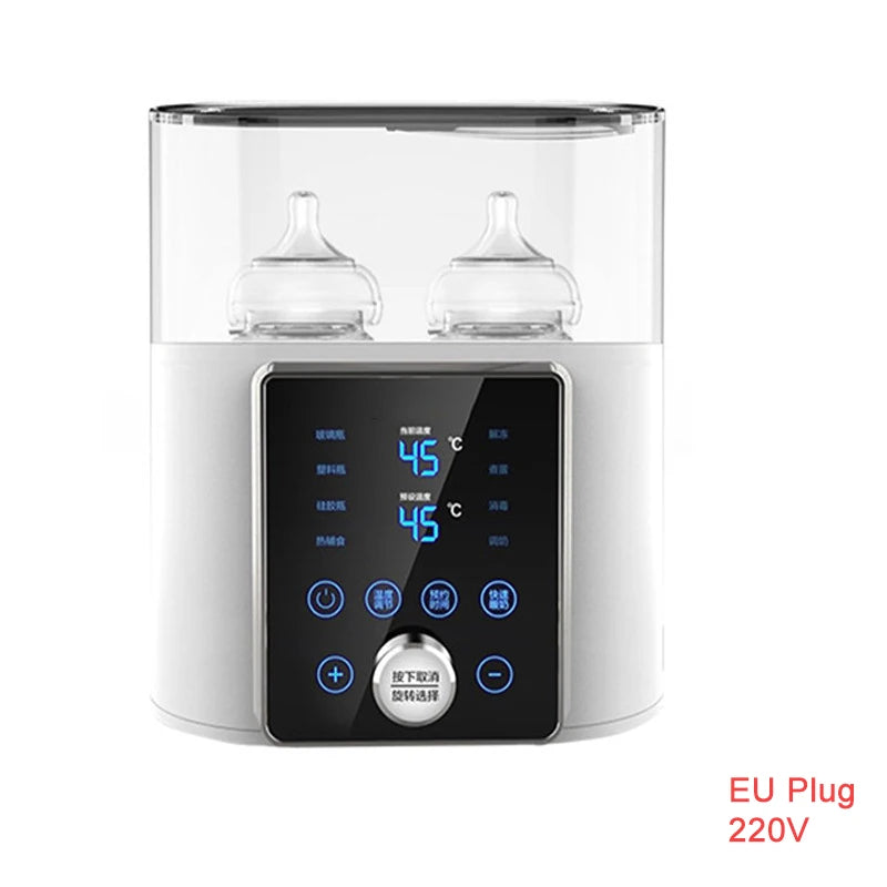 White dual electric bottle warmer and sterilizer with digital display, clear lid, and two bottles.