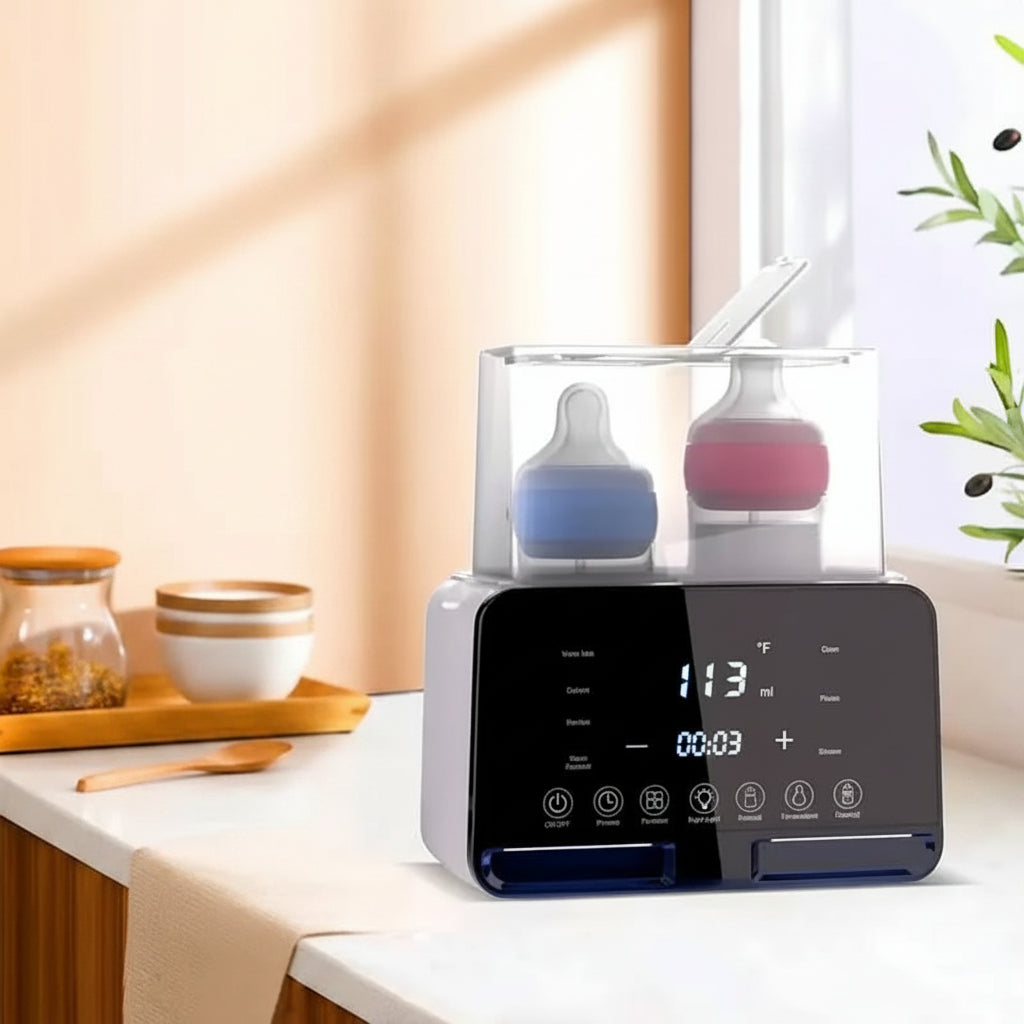 White and black 9-in-1 baby bottle warmer with digital display, sterilizer, and two bottles.