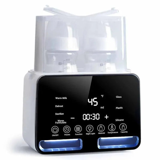 White digital baby bottle warmer and sterilizer with two bottles, black touchscreen, and blue lights.