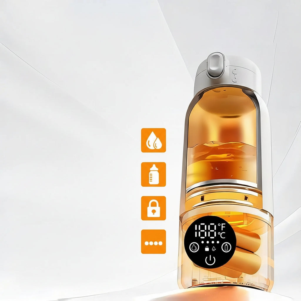 Portable 500ml baby bottle warmer with digital display, temperature control, and long-lasting battery.