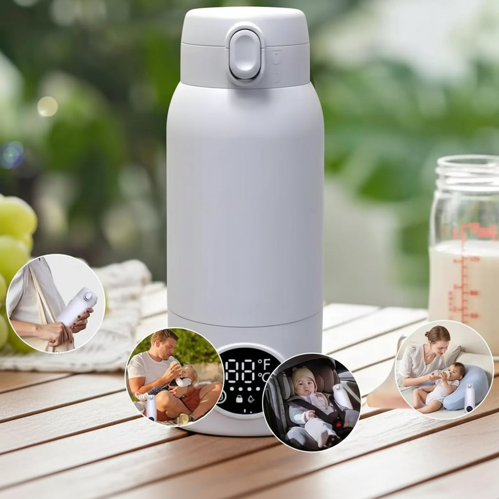 Sleek gray portable baby bottle warmer with digital display, shown in various on-the-go scenarios.