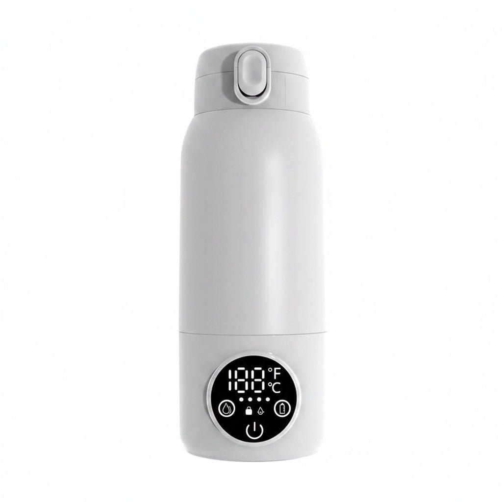 White portable 500ml bottle warmer with digital temperature display and USB-C charging.