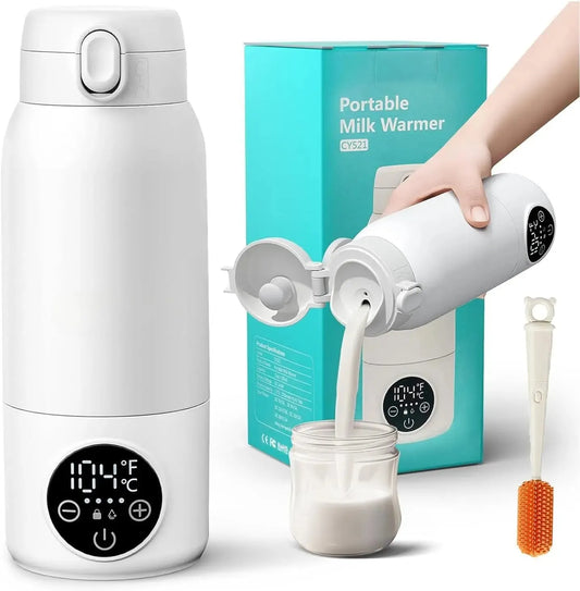 White 500ml portable baby bottle warmer with digital display pouring milk, alongside its box and cleaning brush.