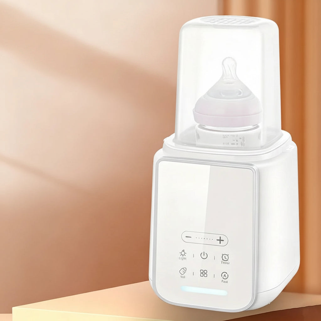 White baby bottle warmer and sterilizer with a clear lid, displaying a pink-tipped bottle.