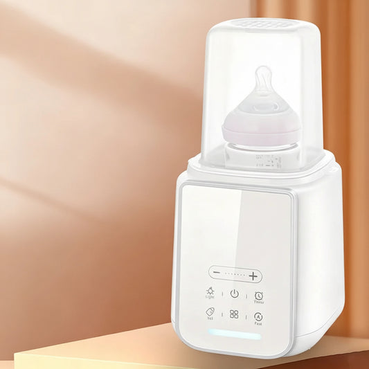 White baby bottle warmer and sterilizer with a clear lid, displaying a pink-tipped bottle.
