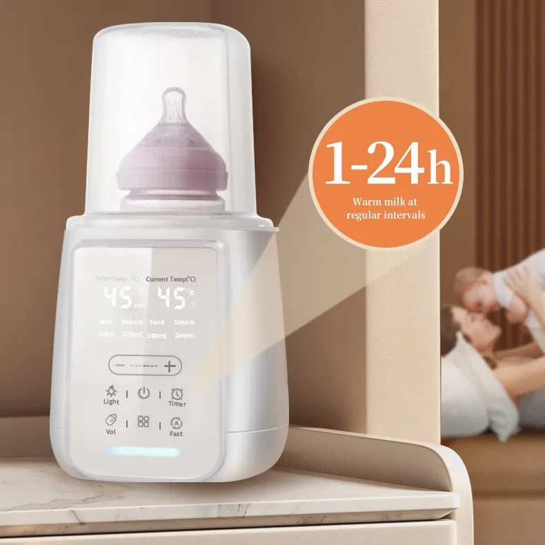 White baby bottle warmer and sterilizer with digital display, warming a bottle.
