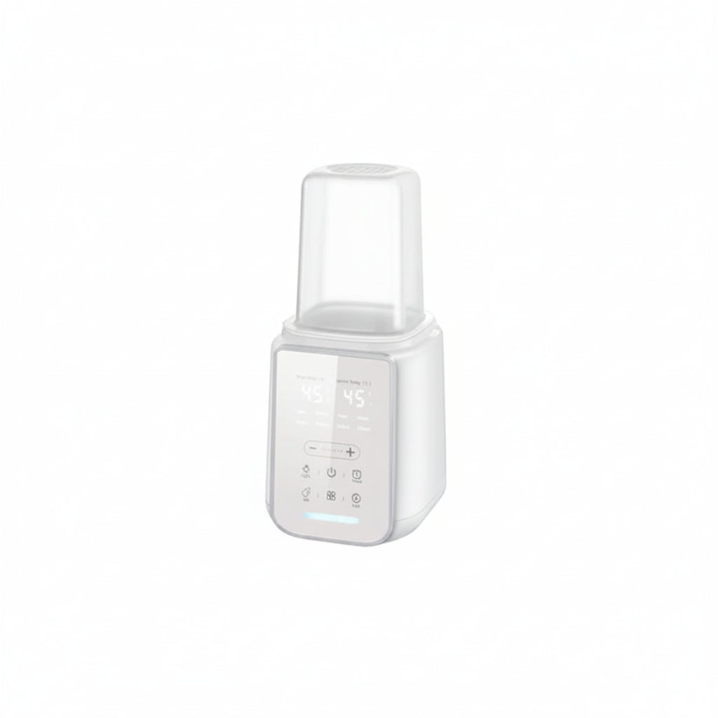 White baby bottle warmer and sterilizer with a clear top and digital display.