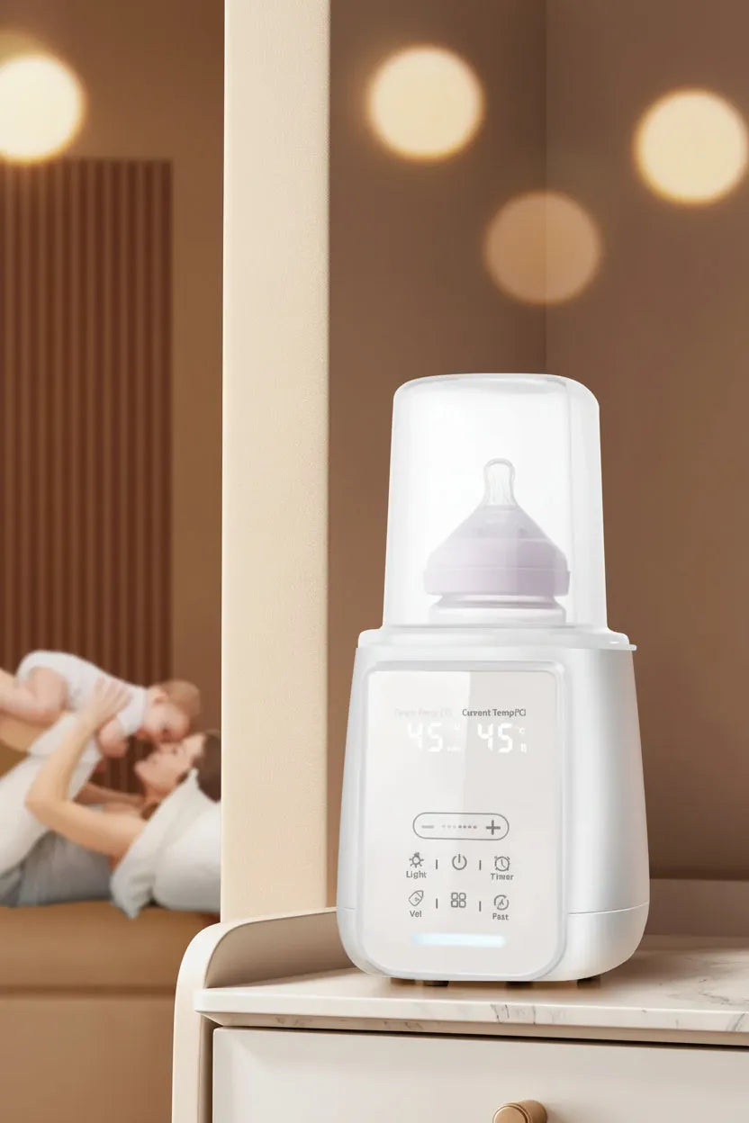 White baby bottle warmer and sterilizer with digital display, heating a bottle.