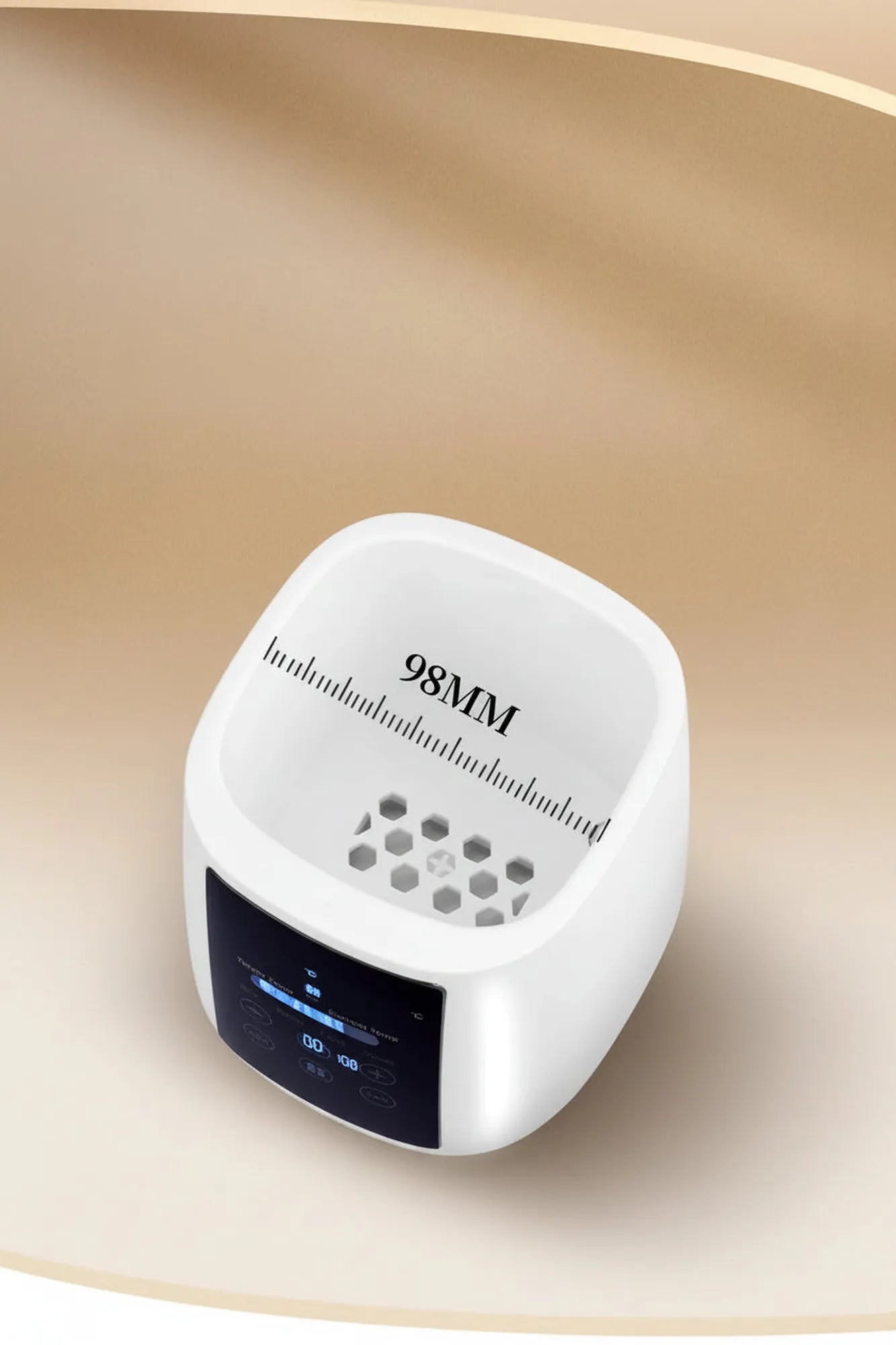White digital 6-in-1 bottle warmer and sterilizer with LCD screen, showing 98mm opening.