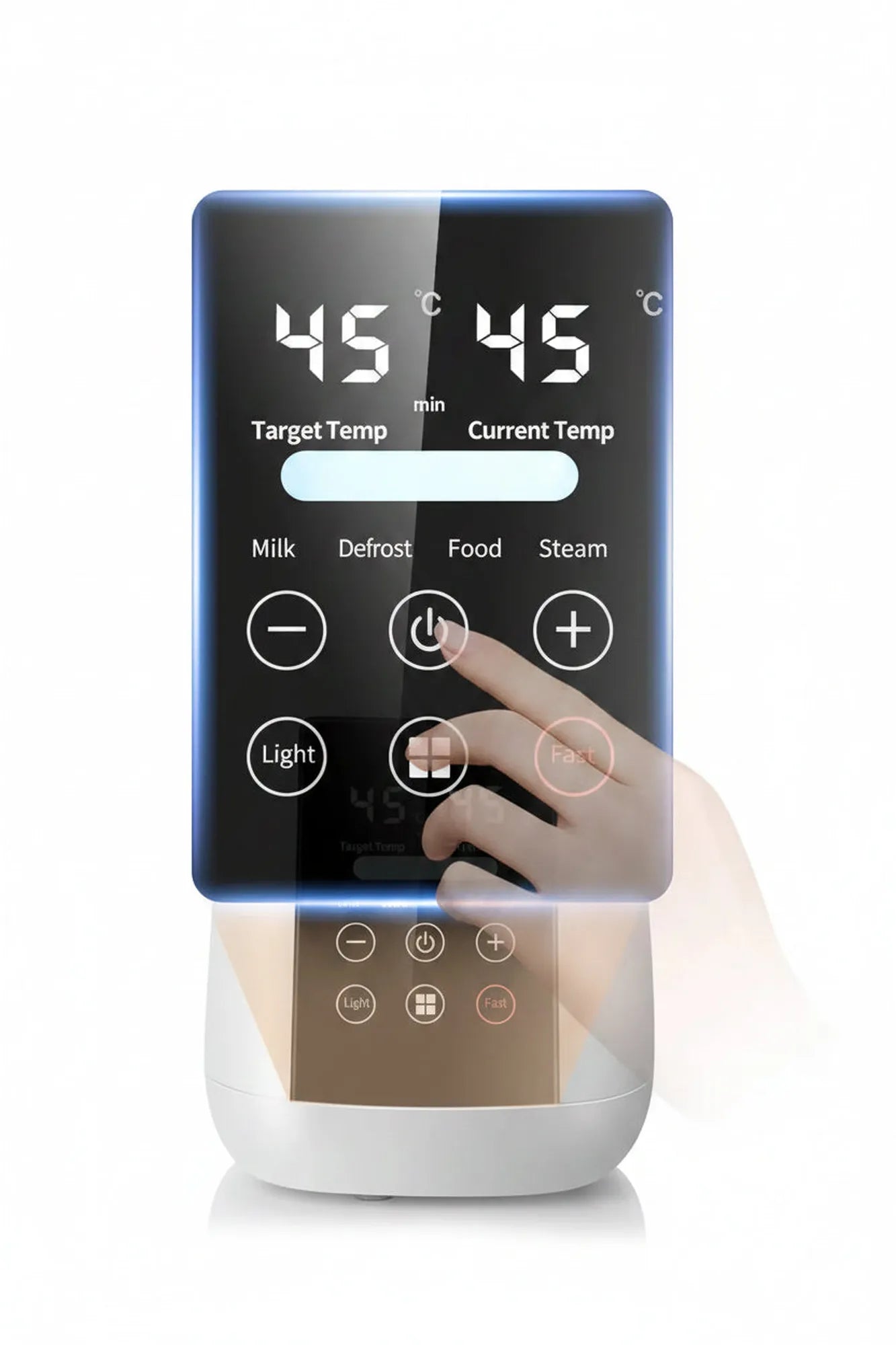 White digital 6-in-1 bottle warmer and sterilizer with illuminated LCD screen and touch controls.
