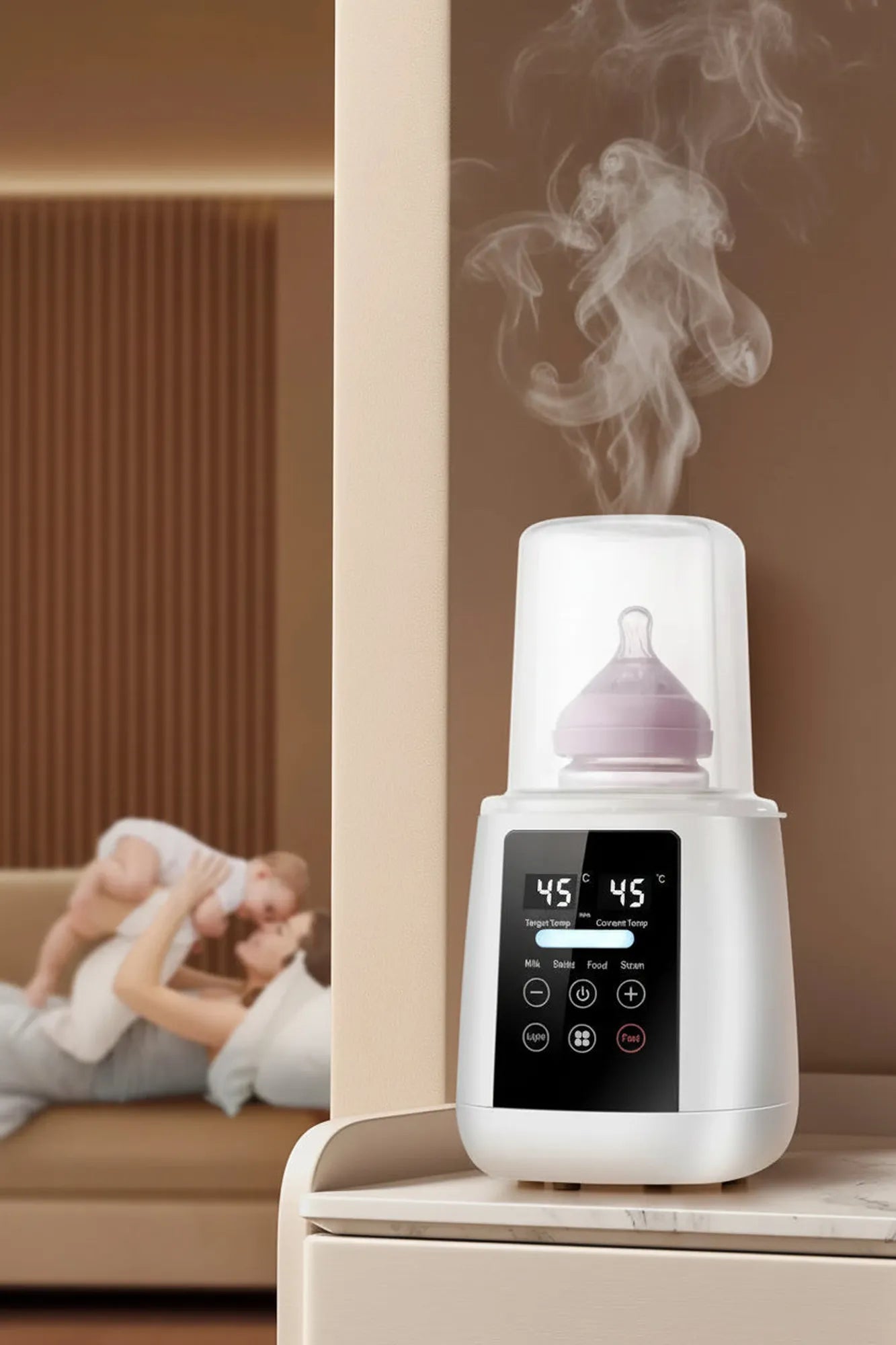White digital 6-in-1 bottle warmer and sterilizer with a purple baby bottle, emitting steam.