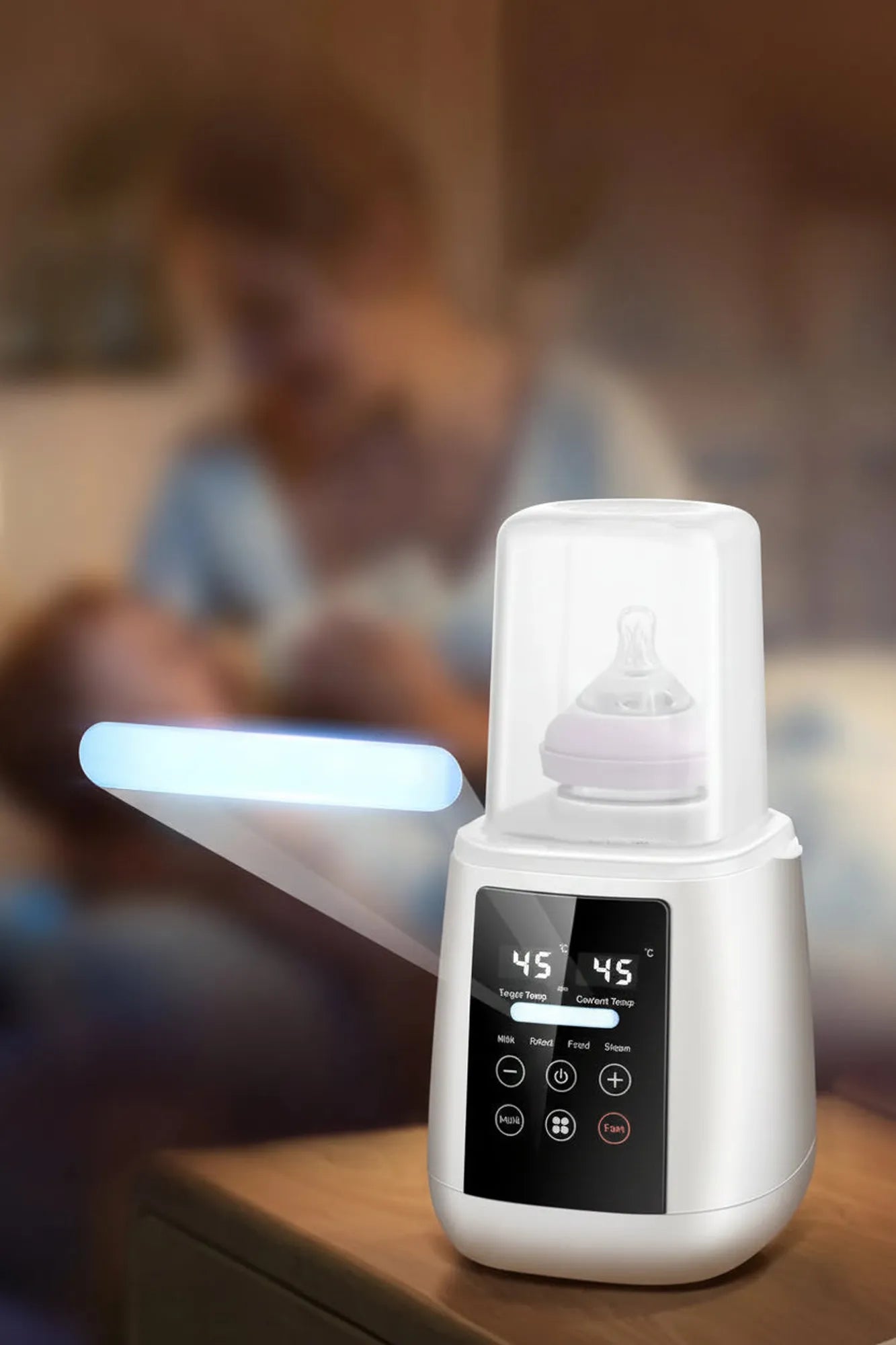 White digital 6-in-1 bottle warmer and sterilizer with LCD screen, heating a baby bottle.
