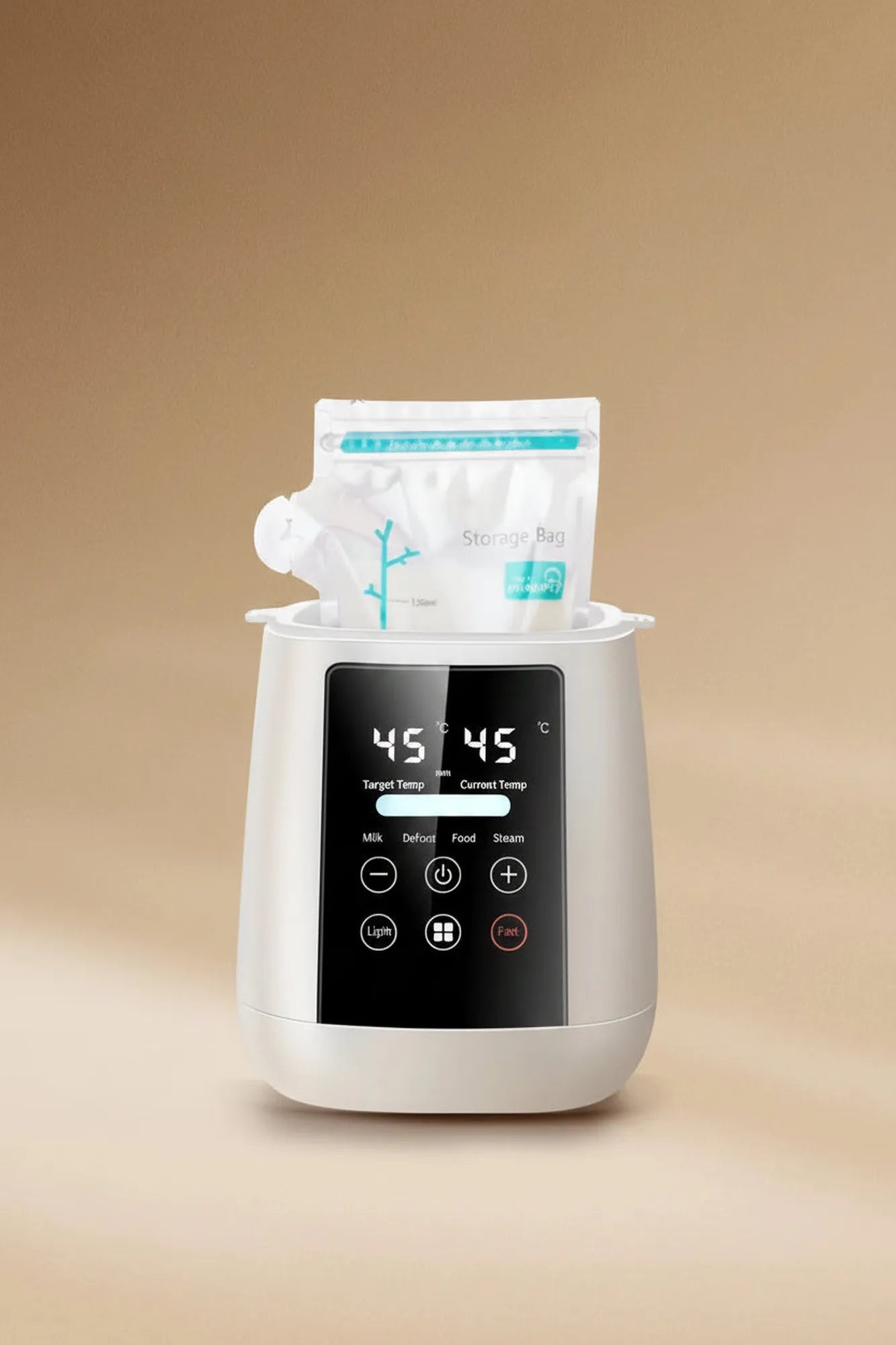 White digital 6-in-1 bottle warmer and sterilizer with a milk storage bag inside.