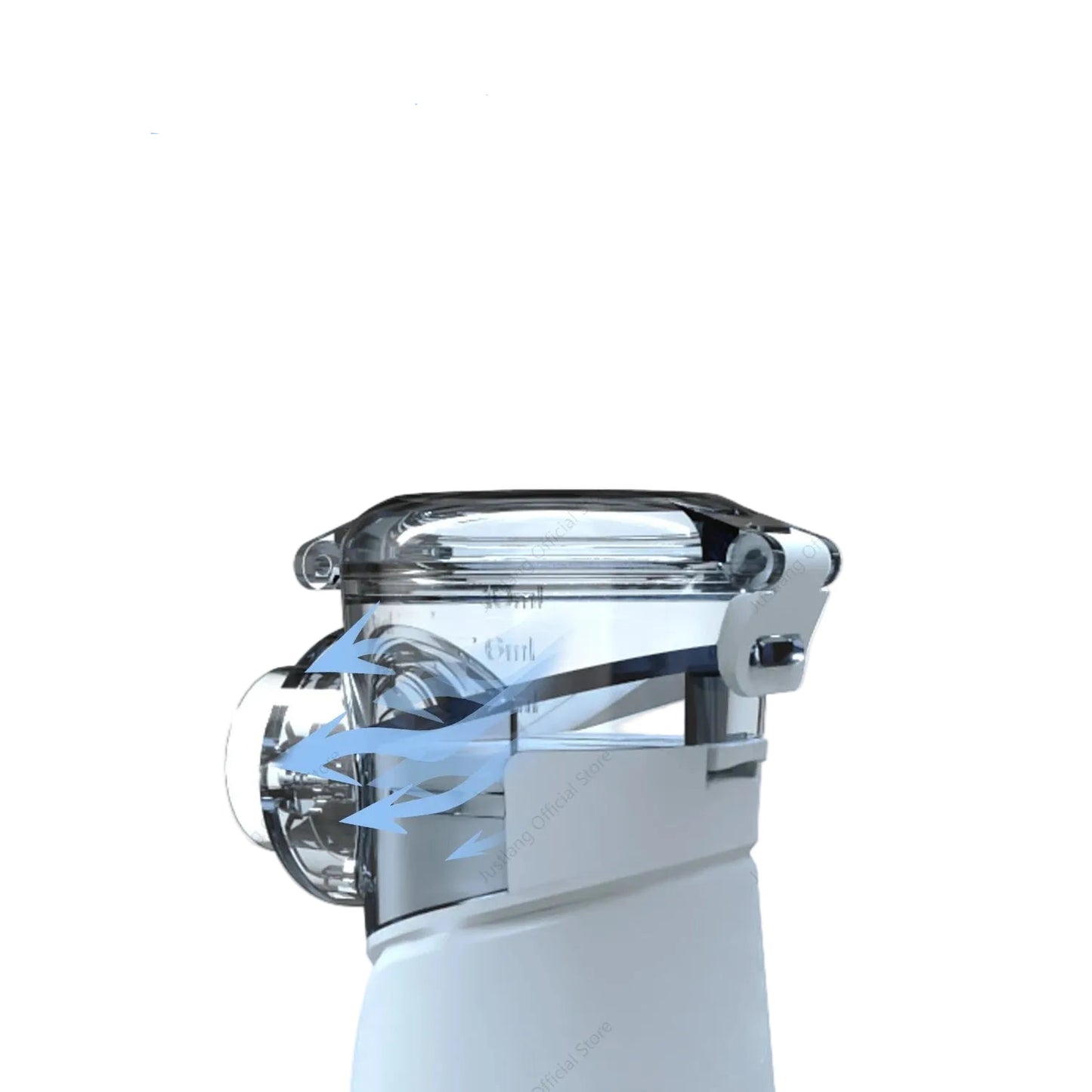 Close-up of a portable mesh nebulizer's inclined chamber, showing liquid medicine flow for efficient atomization.