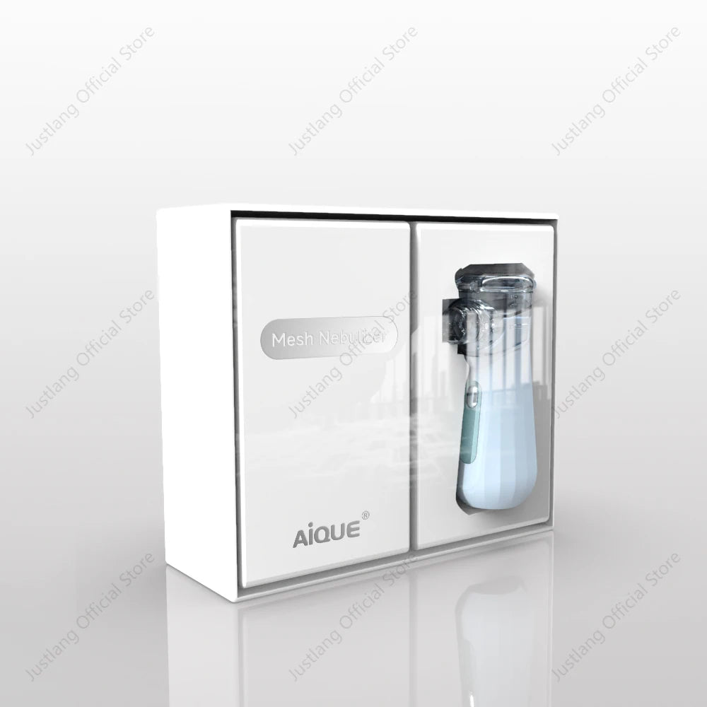 Portable blue mesh nebulizer with screen, displayed in its white retail box.