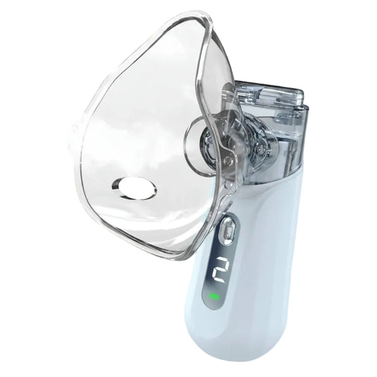 Portable white mesh nebulizer with clear mask, digital screen, and adjustable mist settings.