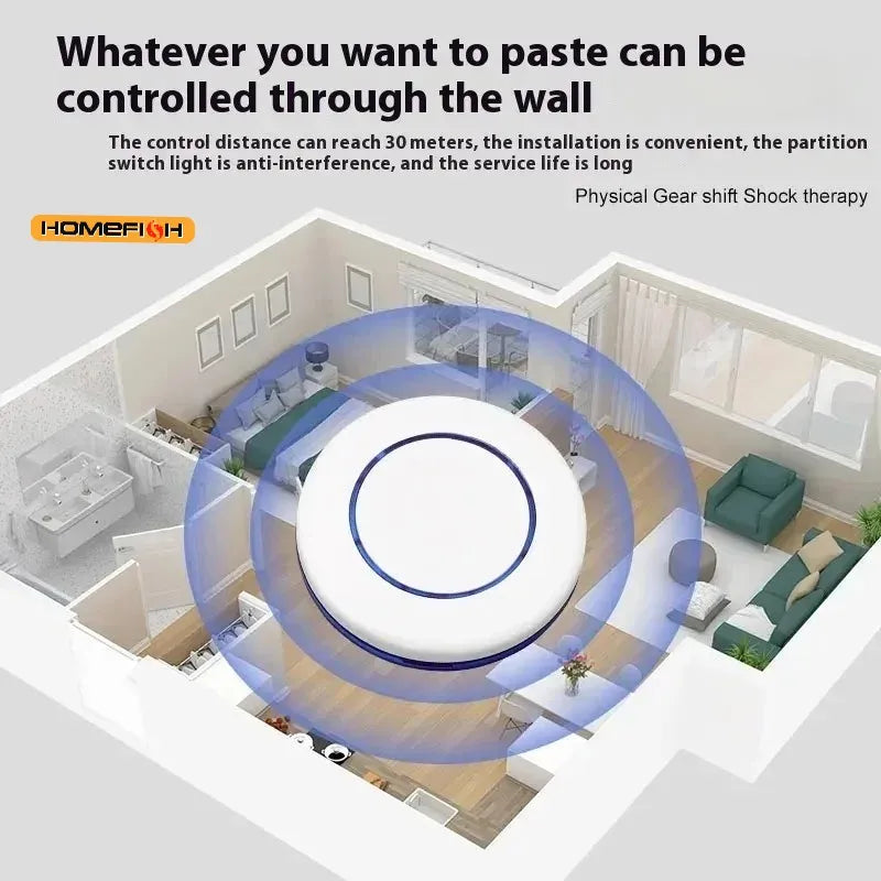 White smart switch button pusher with blue LED ring, shown in a home layout controlling lights remotely.