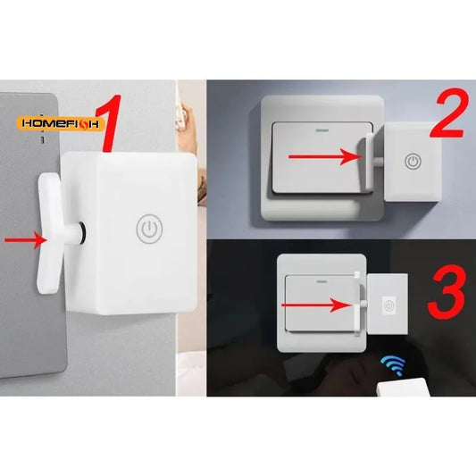 White smart switch button pusher with remote control for easy light operation.