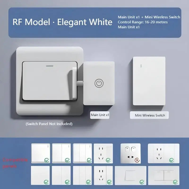 Elegant white RF remote light switch automation device with main unit and mini wireless switch, compatible with various panels.