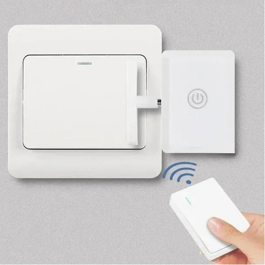 White smart light switch remote control system with a button pusher and a handheld remote.