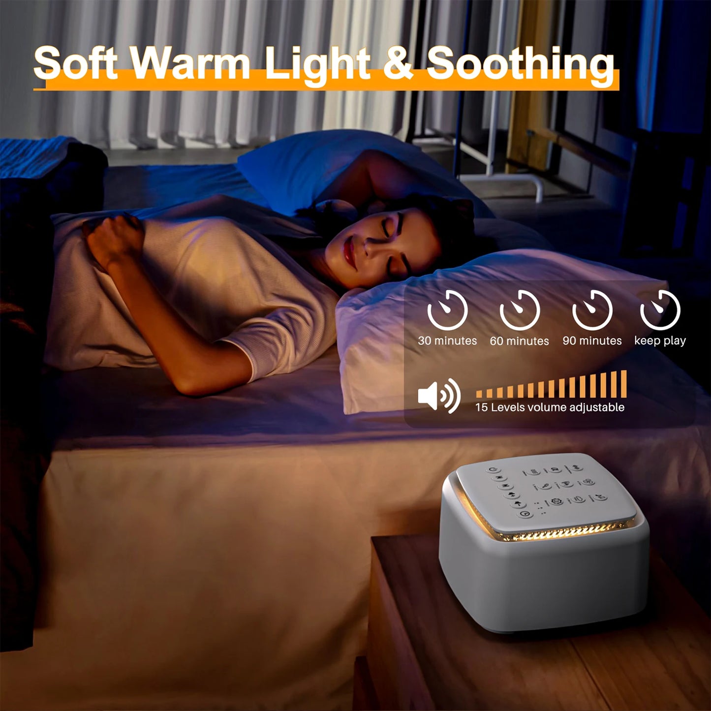 Portable white noise machine with soft warm night light, shown on a nightstand next to a sleeping woman.