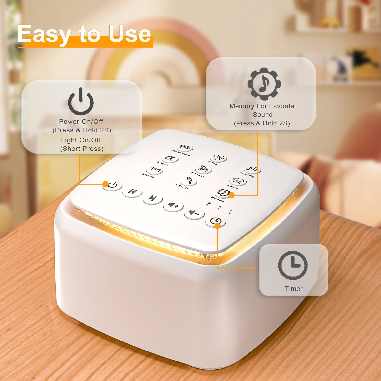 White portable sound machine with warm night light, control buttons, and timer.