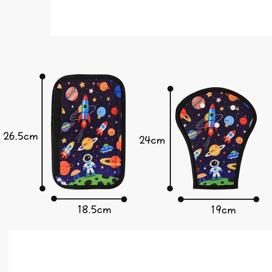 Kids' car seat belt adjuster and shoulder pad with space theme, rockets, and astronauts.