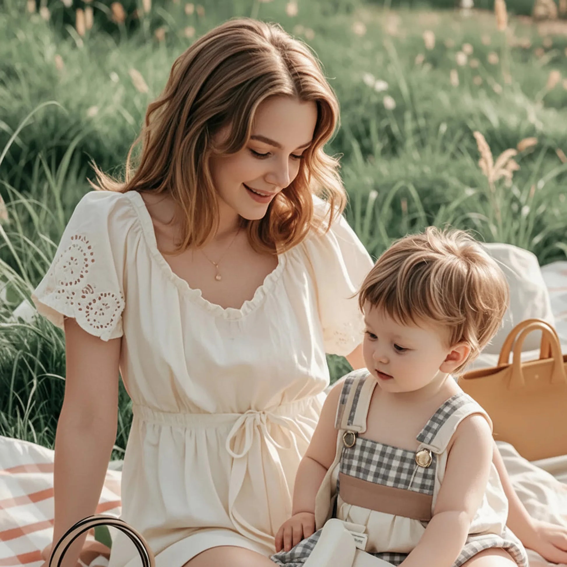 A mother and child enjoying a picnic on a striped blanket in a grassy field.