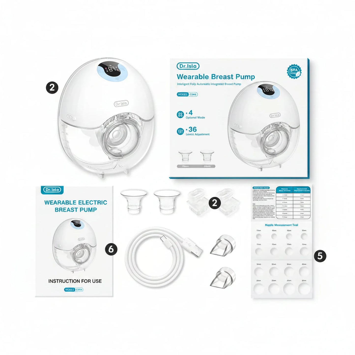Dr. Isla wearable electric breast pump with clear collection cup, digital display, and accessories.