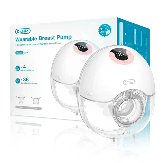 Two white Dr. Isla wearable breast pumps with clear collection cups and pink digital displays, in front of their product box.