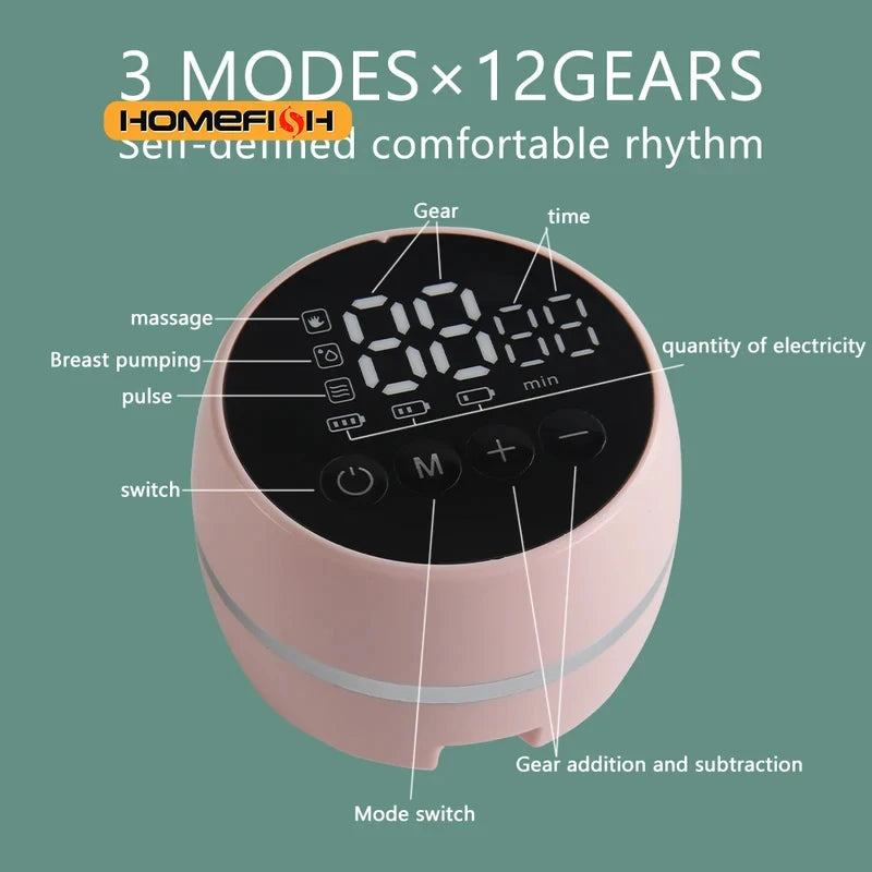 Pink wearable electric breast pump with digital display, 3 modes, and 12 gears.