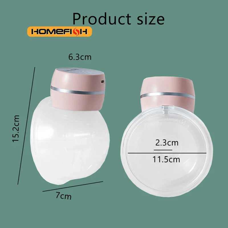 Homefish wearable electric breast pump with pink motor and clear silicone cup, showing dimensions.